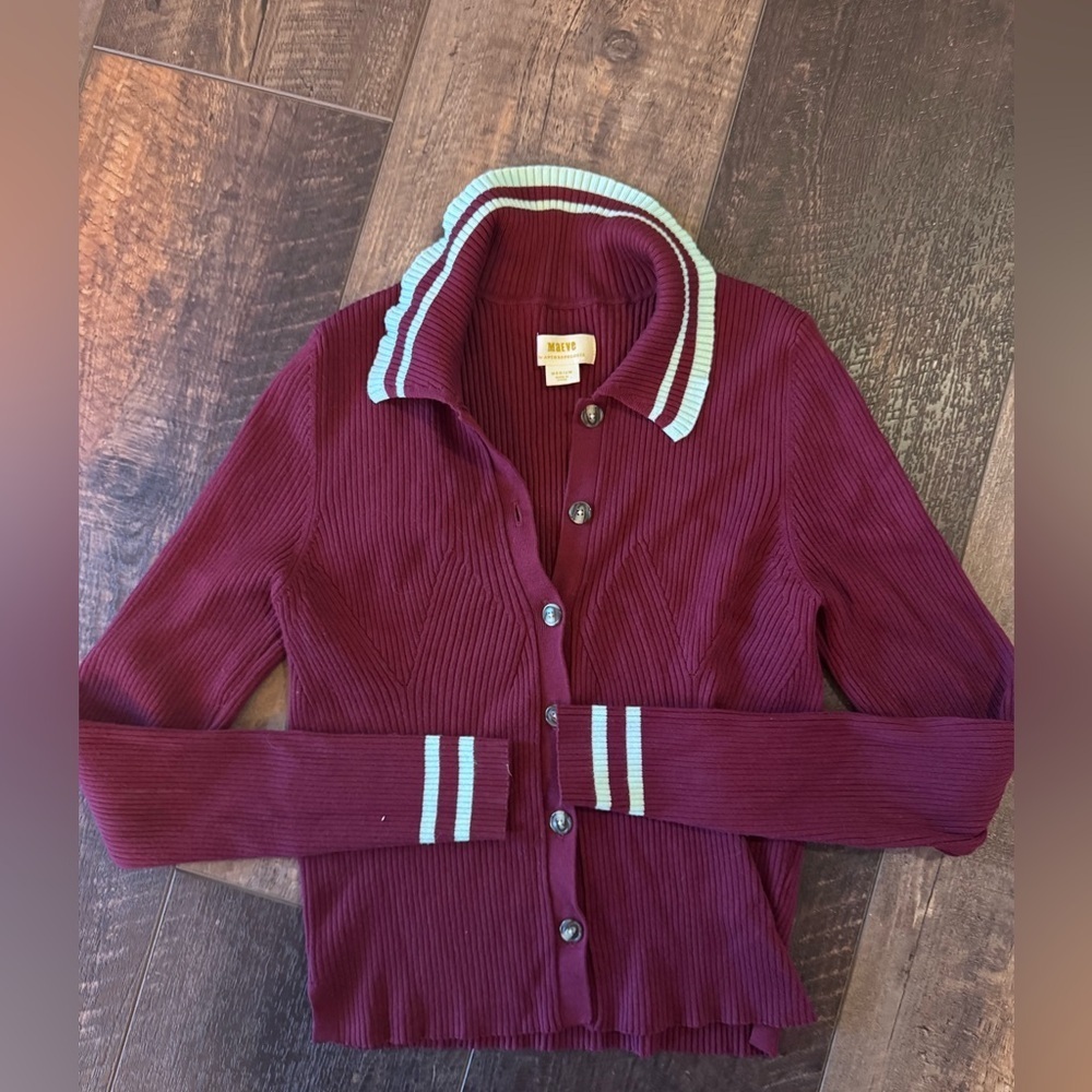 Maeve by Anthropologie Ribbed Cardigan Medium Burgundy Button Front Collared